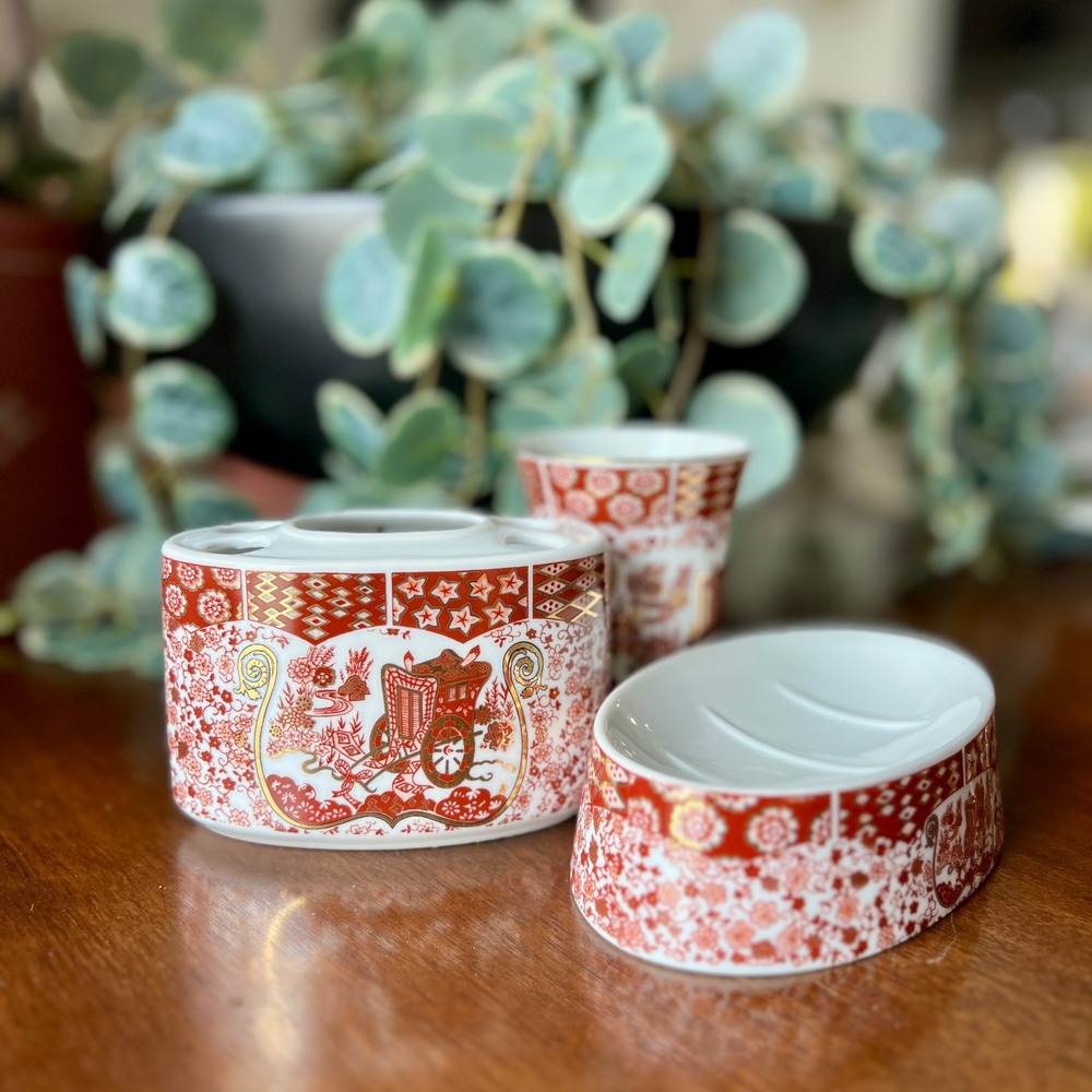 Vintage I.W. Rice Irice Japan Porcelain 3 Pc Bathroom Vanity Set Red Gold